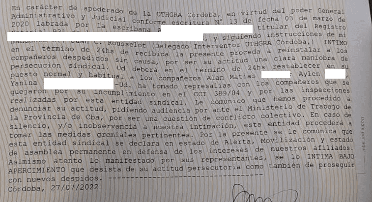 Estado de Alerta y Movilización por Sushi Time S.A.